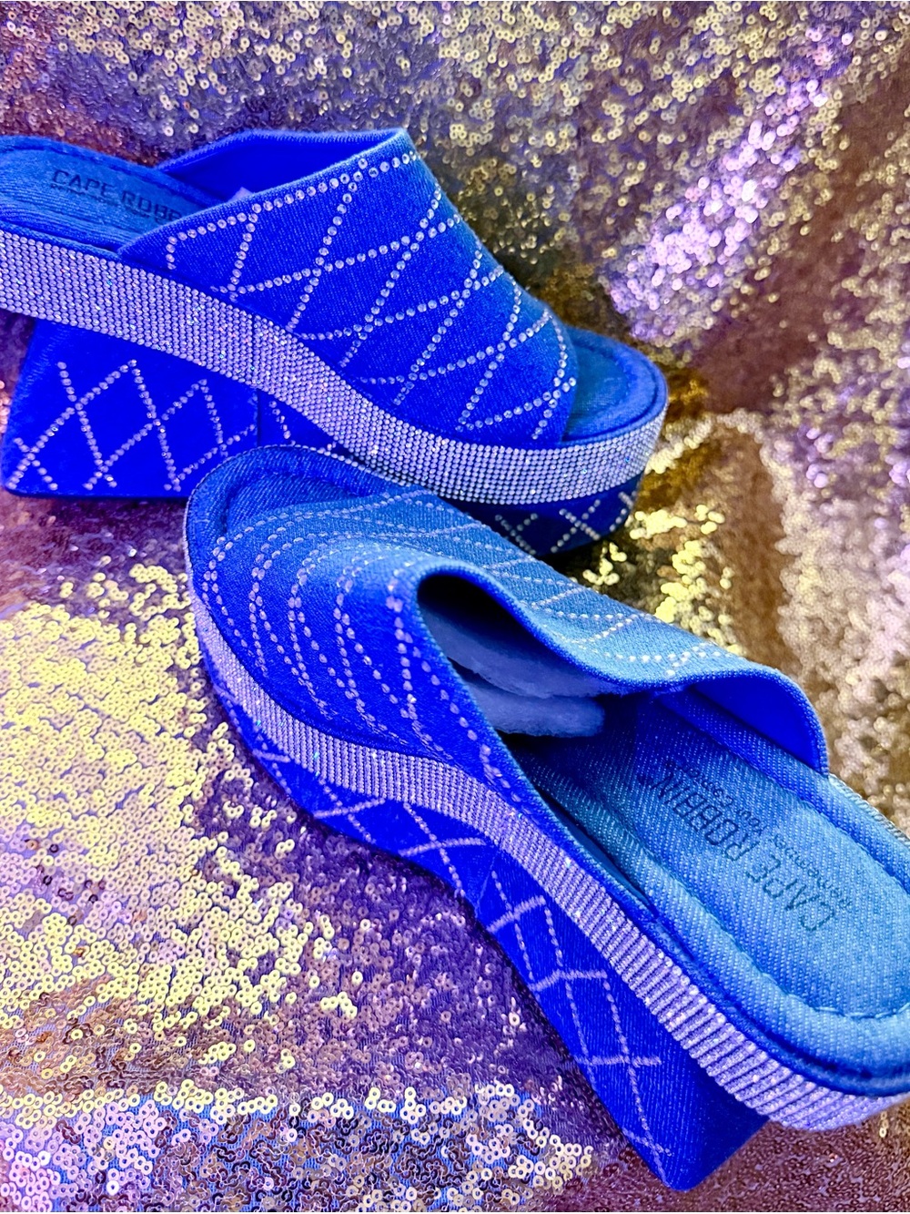 Cape Robbin Electric Blue Rhinestone Platform Slides